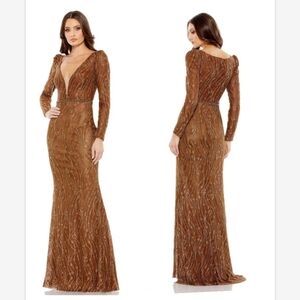 Mac Duggal Women's Embellished Long Sleeve Plunge Trumpet Gown 11159  10 bronze